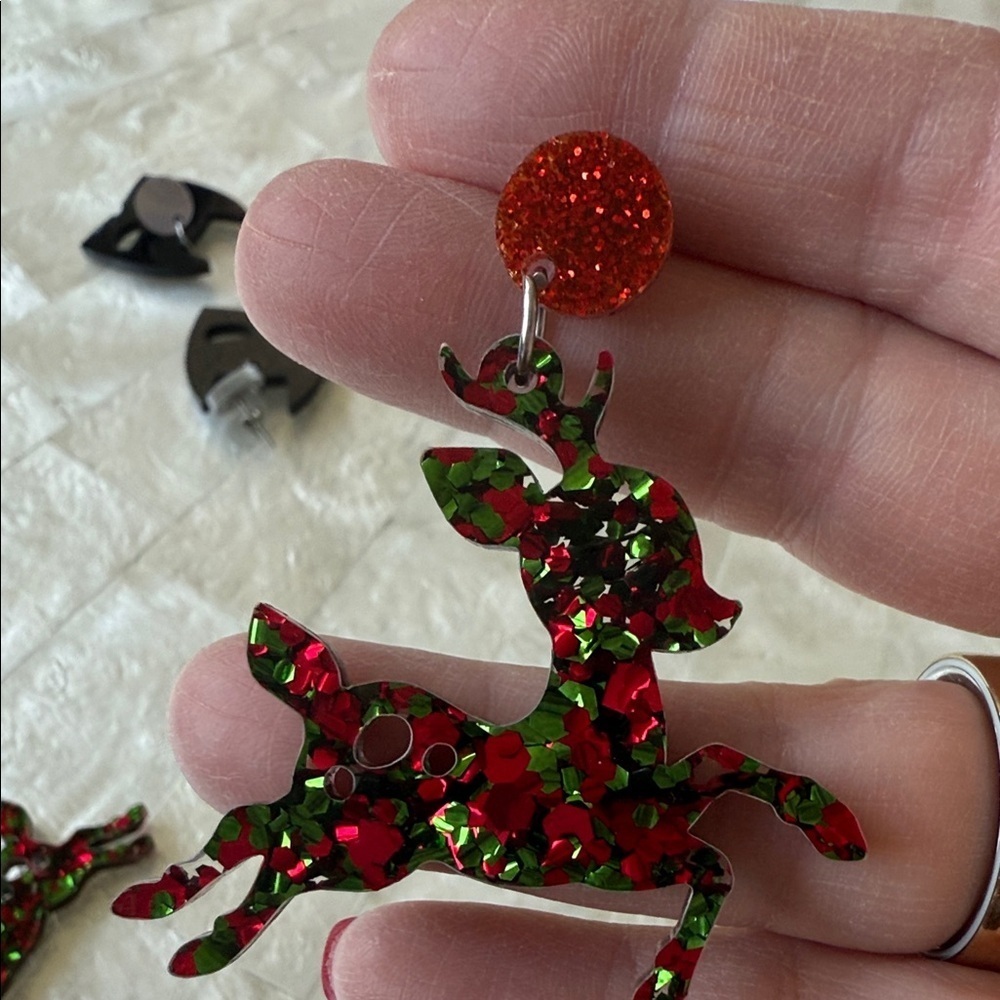 Christmas Rudolph Reindeer Sparkly Earrings Holiday View 3